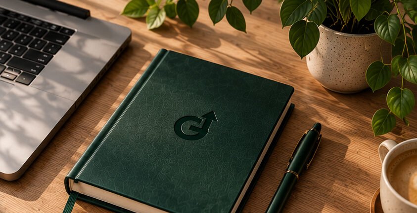 Donkergroen notitieboek met Grip by Doorn-logo op een houten bureau
